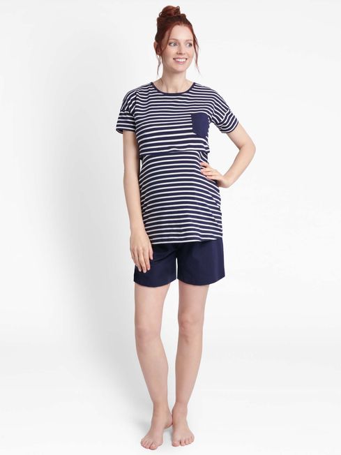 JoJo Maman Bébé Navy Stripe Maternity & Nursing Short Pyjama Set