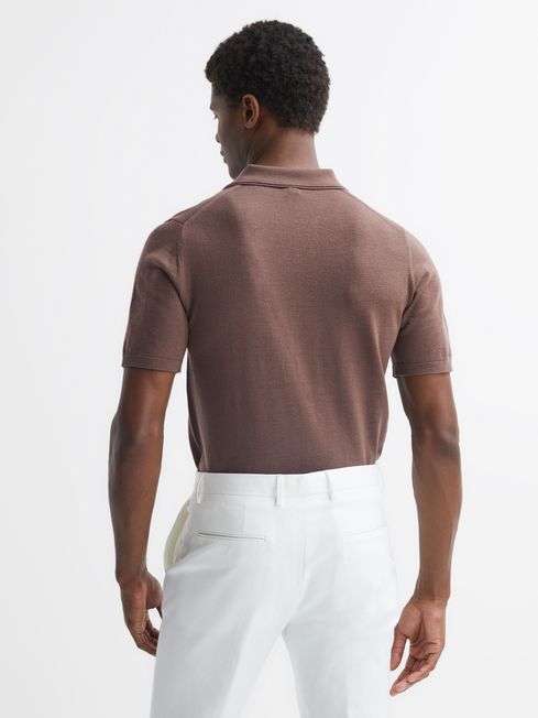 Merino Wool Open Collar Polo Shirt in Brown Sugar