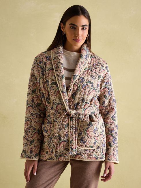 Floral Paisley Cotton Quilted Jacket With Belt Joules