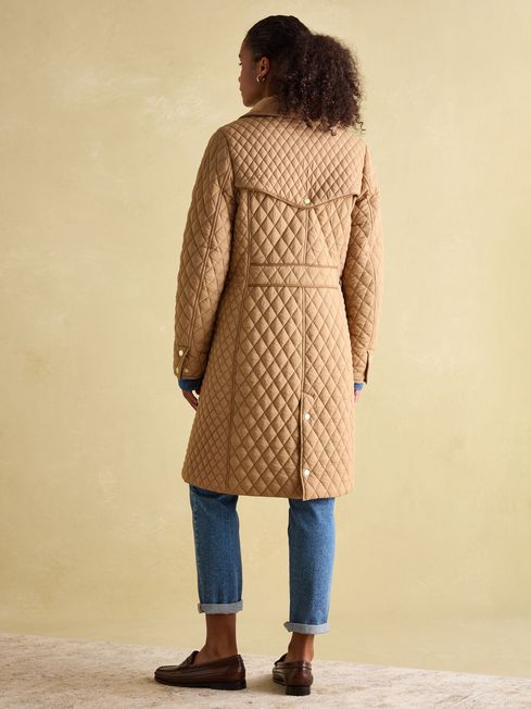Rosewell Tan Brown Showerproof Longline Diamond Quilted Coat Joules