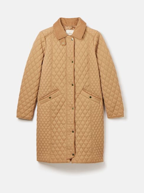 Rosewell Tan Brown Showerproof Longline Diamond Quilted Coat Joules