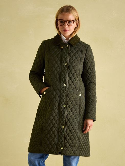 Rosewell Khaki Green Showerproof Longline Diamond Quilted Coat Joules