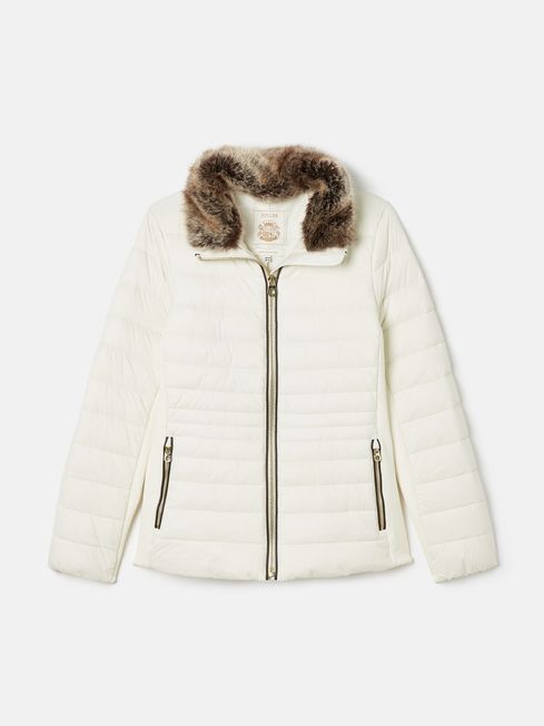 Beckley White Padded Showerproof Jacket with Faux Fur Trim Joules