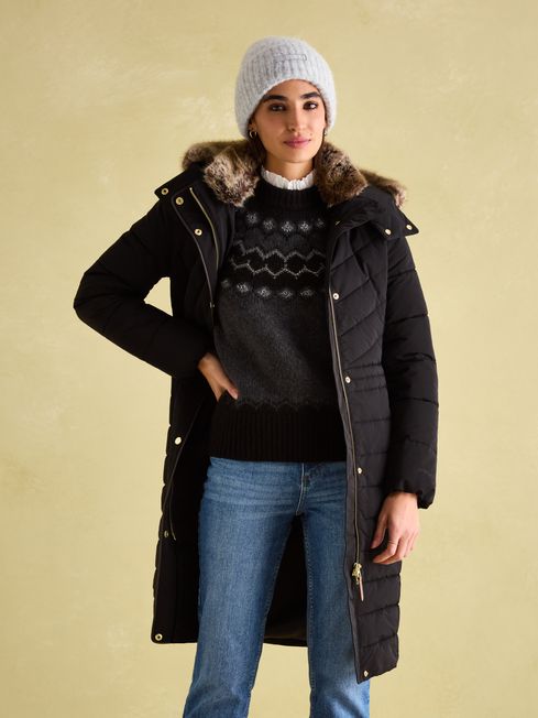 Cherington Black Showerproof Longline Padded Coat with Faux Fur Hood Joules United Kingdom