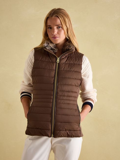 Beckley Brown Padded Showerproof Gilet With Detachable Faux Fur Collar Joules