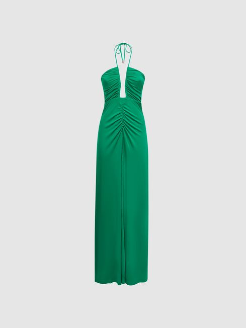Plunge Halter Neck Maxi Dress in Green