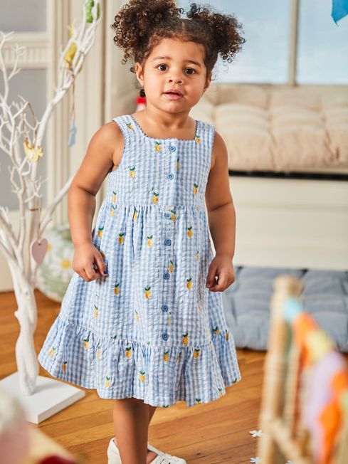Blue Girls Lemon Embroidered Gingham Frill Dress JoJo Maman Bebe