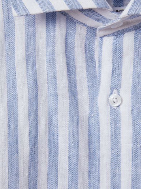 Linen Button-Through Shirt in Soft Blue Herringbone Stripe