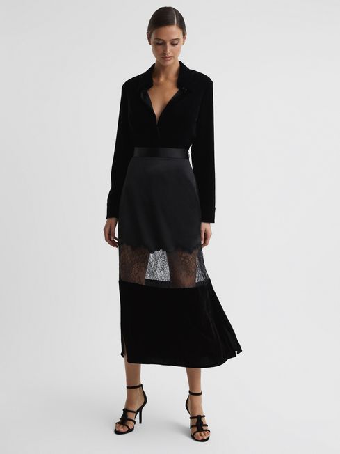 Reiss Black Tilly Fitted Satin-Velvet Midi Skirt