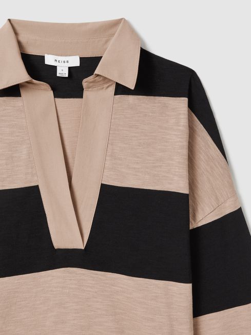 Striped Cotton Open-Collar T-Shirt in Black/Camel