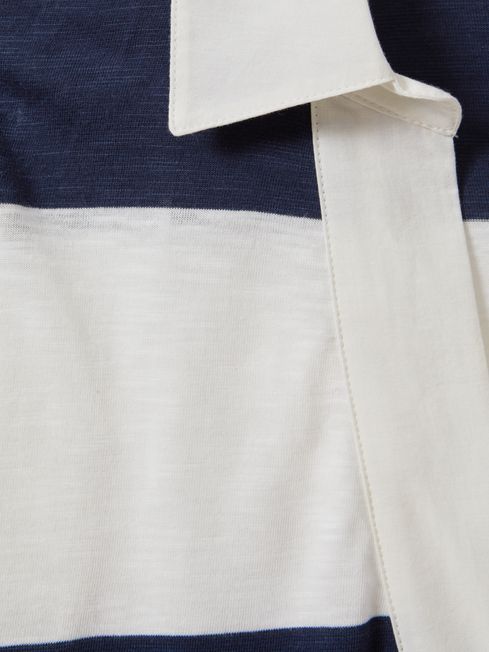 Striped Cotton Open-Collar T-Shirt in Navy/Ivory