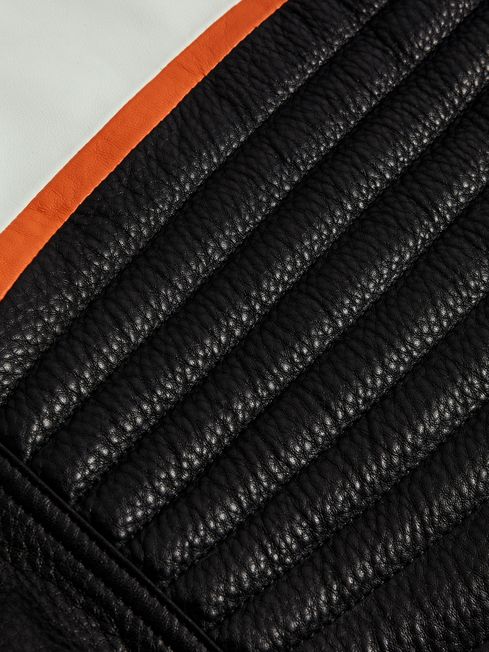 McLaren F1 Colourblock Leather Biker Jacket in Black/Papaya