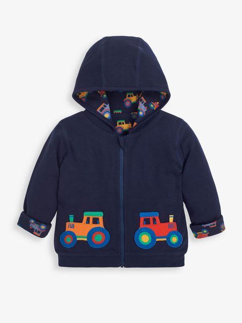 Navy Kids Tractor Applique Reversible Hoodie JoJo Maman Bebe