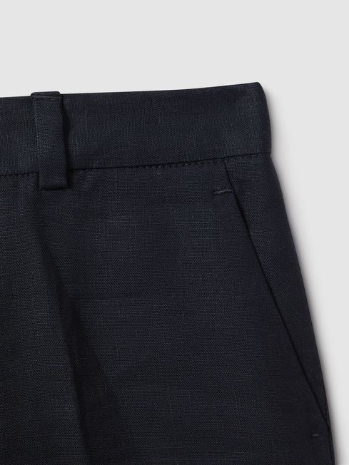Junior Slim Fit Linen Adjustable Shorts in Navy