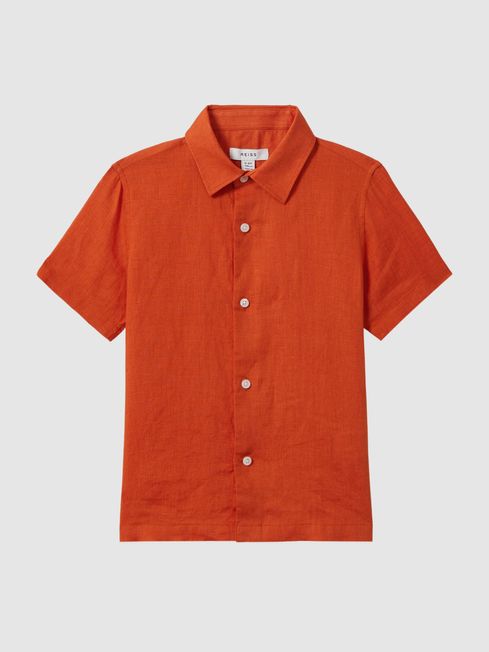 Senior Short Sleeve Linen Shirt in Burnt Orange REISS