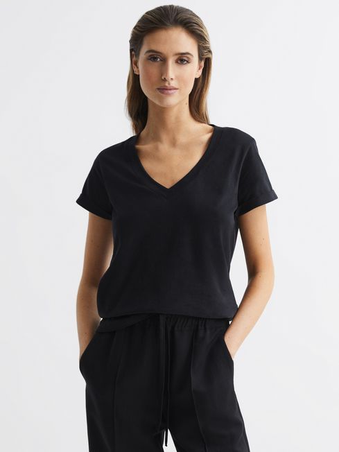 Cotton Jersey V-Neck T-Shirt in Black