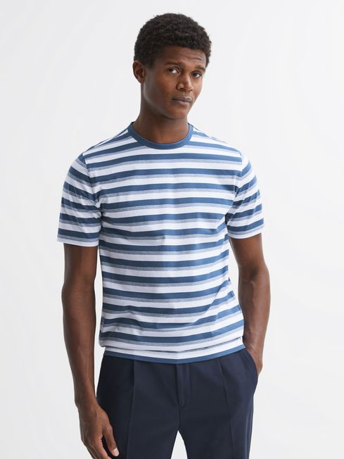 Reiss Blue/White Dean Cotton Crew Neck Striped T-Shirt