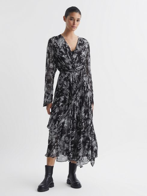 Reiss Black Callie Belted Ruffle Printed Midi Dress