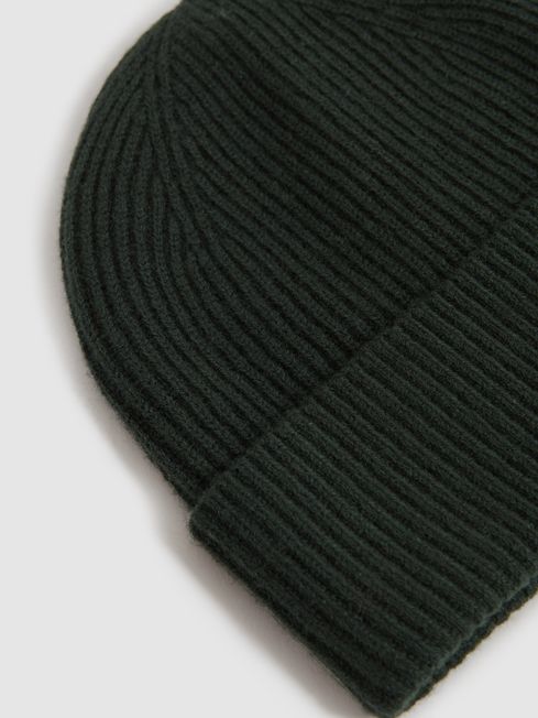 Merino Wool Ribbed Beanie Hat in Forest Green
