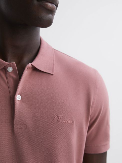 Reiss Dusty Rose Peters Slim Fit Garment Dyed Embroidered Polo Shirt