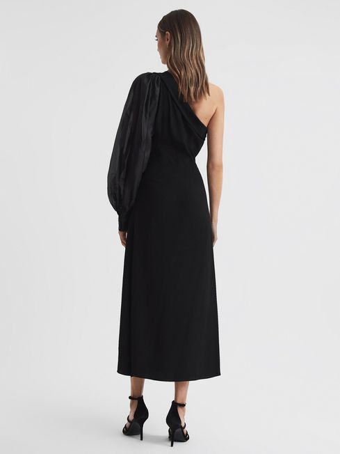 One-Shoulder Blouson Sleeve Midi Dress in Black