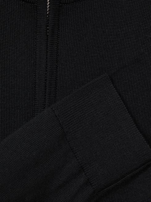 Senior Slim Fit Merino Wool Zip Neck Jumper in Black