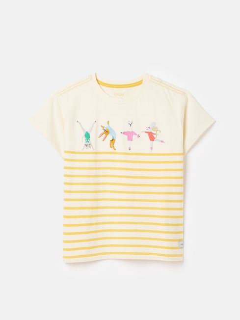 Girls Astra Yellow Striped Short Sleeve Artwork T Shirt Joules