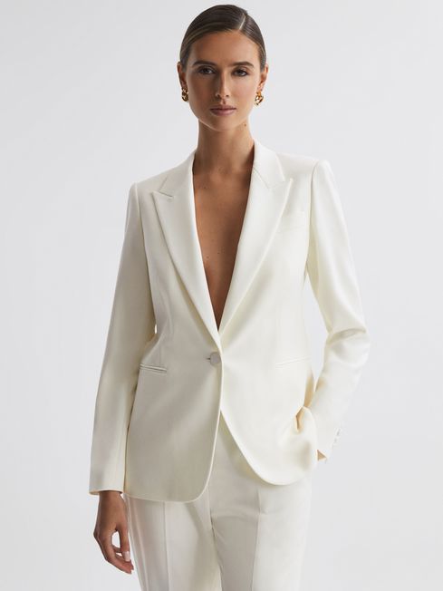 Tailored Fit Single Breasted Wool Suit Blazer in Off White
