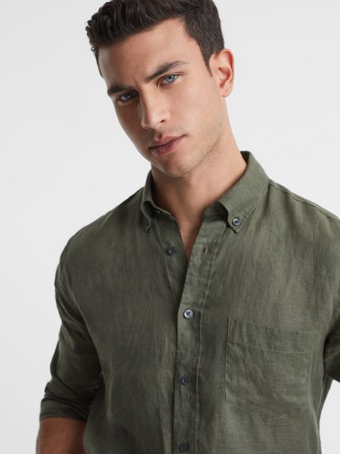 Reiss Olive Quick Slim Fit Full Sleeve Linen Button-Down Shirt