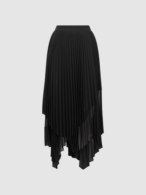 Pleated Layered Asymmetric Midi Skirt in Black