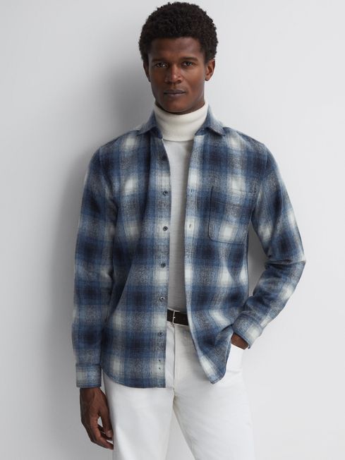 Reiss Blue Multi Novelli Wool Checked Long Sleeve Shirt