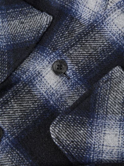 Wool Blend Check Overshirt in Blue Multi