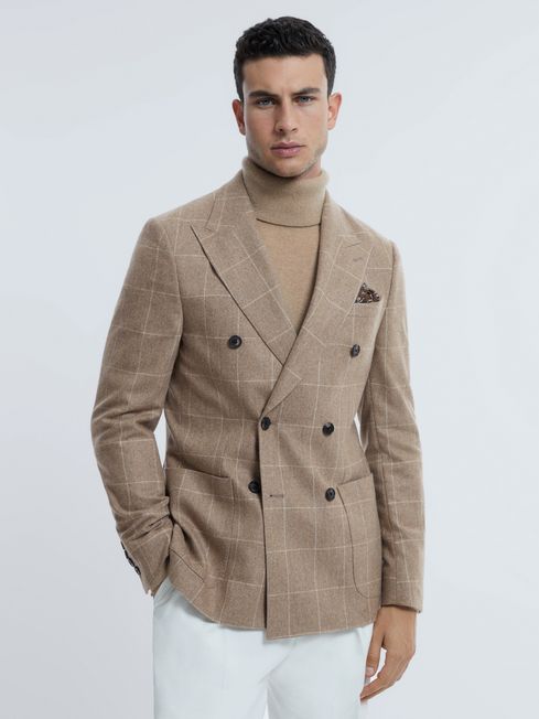 Atelier Italian Wool-Cashmere Slim Fit Double Breasted Check Blazer