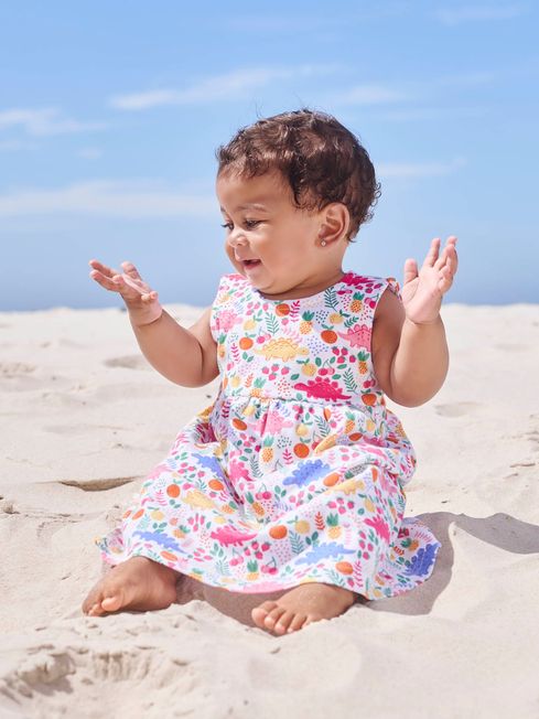 JoJo Maman B b White Girls Sweet Dinosaur Print Summer Dress