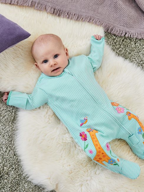 JoJo Maman Bébé Blue Giraffe Appliqué Zip Cotton Baby Sleepsuit