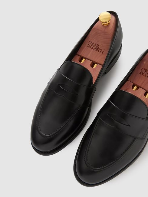 Oscar Jacobson Leather Penny Loafers in Black