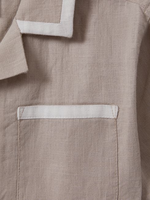 Linen Contrast Cuban Collar Shirt in Stone/White