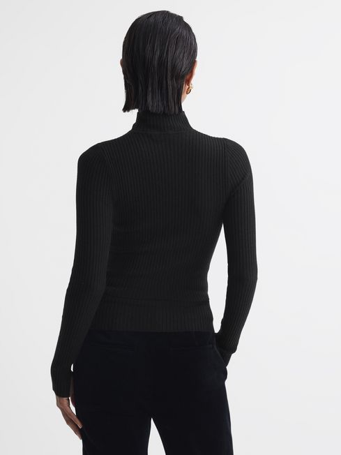 Fitted Wool Blend Mesh Top in Black