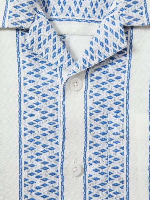 Junior Herringbone Cuban Collar Shirt in Blue/White