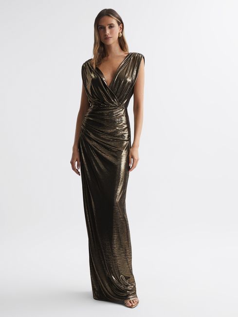 Halston Metallic Front Slip Maxi Dress in Antique Gold