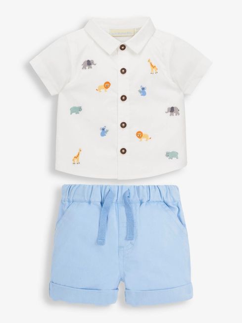 JoJo Maman Bébé White Safari Embroidered Baby Shirt & Shorts Set