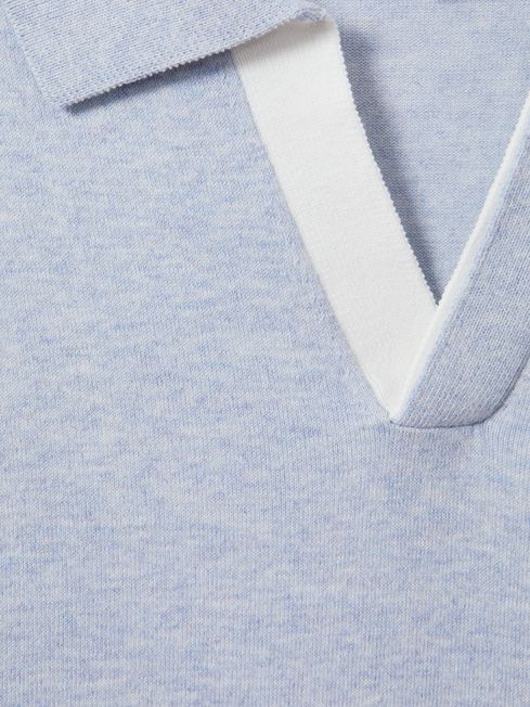 Cotton Blend Contrast Open Collar Shirt in Soft Blue