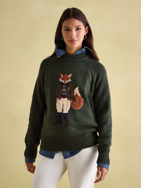 Jonty Dark Green Intarsia Fox Knit Jumper Joules