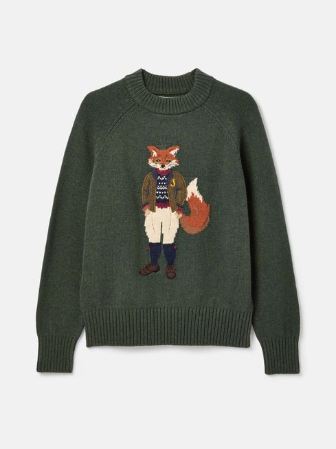 Jonty Dark Green Intarsia Fox Knit Jumper Joules