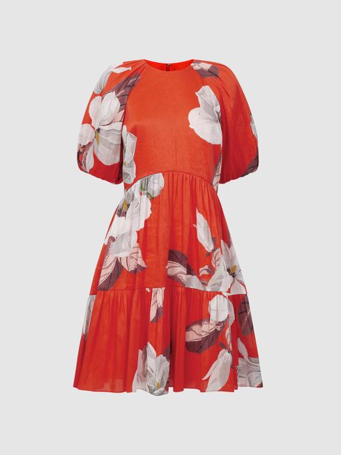 Florere Linen Silk Puff Sleeve Mini Dress in Orange