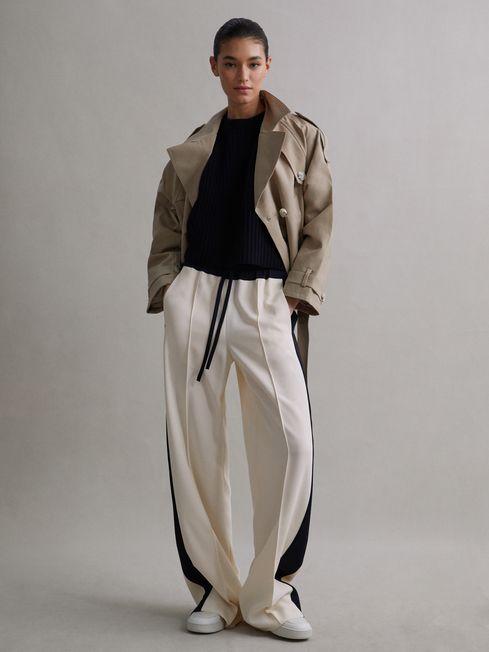 Wide Leg Contrast Stripe Drawstring Trousers in Cream