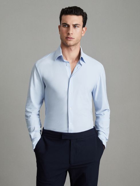 Slim Fit Button-Through Travel Shirt in Soft Blue