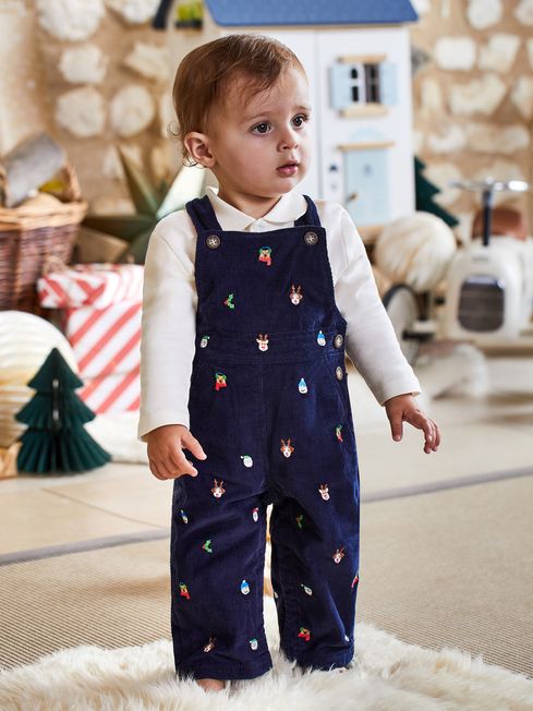 Navy Blue Christmas Embroidered Cord Dungarees