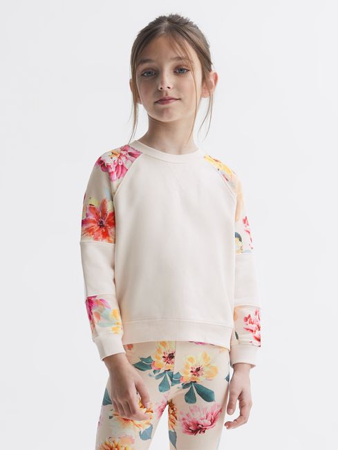 Reiss Pink Brooke Junior Floral Print Cotton Jersey Sweatshirt