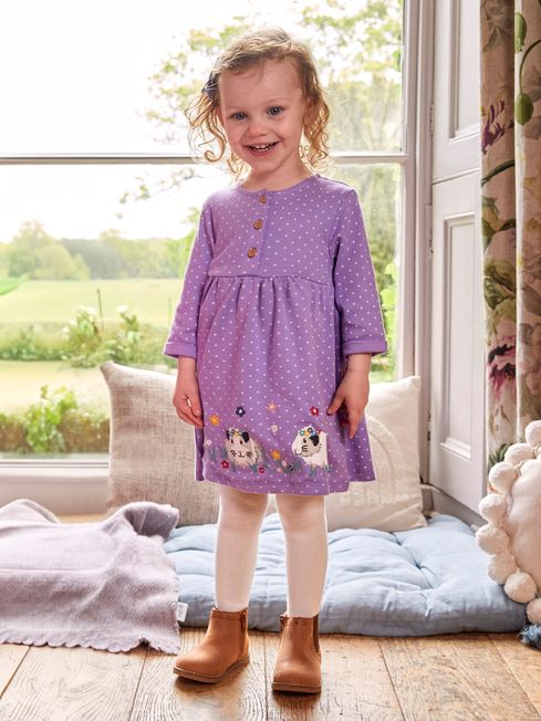 JoJo Maman Bébé Lilac Purple Guinea Pig Appliqué Button Front Dress